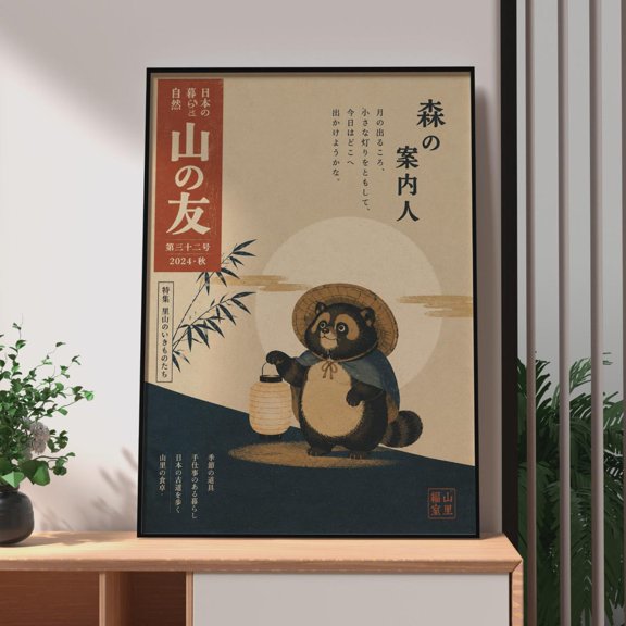 Japanese Tanuki Lantern Animal Wall Art Decor Unframed Paper Print