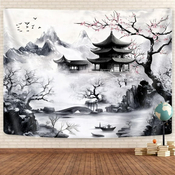 Japanese Tapastry, Black and White Cherry Blossom Anime Wall Tapestry for Men, Asia Nature Landscape Abstract Ink Painting Tapestries for Bedroom Living Room Home Decor 80" x 60"