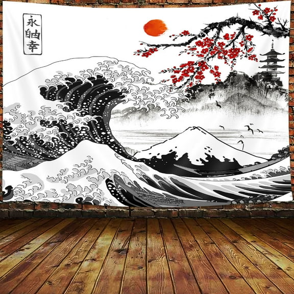 Japanese Tapestry, Cherry Blossom Tapestry, Asian Japanese Wall Tapestry, Japanese Tapestry Kanagawa Tapestry, Mount Red Sun Tapestry for Bedroom Living Room(60"X40" inch)