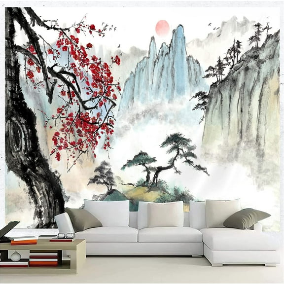 Japanese Tapestry, Cherry Blossom Tapestry, Asian Japanese Wall Tapestry, Nature Landscape Tapestries for Bedroom Living Room Home Decor