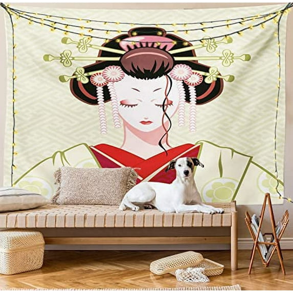 Japanese Tapestry King Size, Geisha Woman Portrait Traditional Kimono Maiko Cultural Hairdo, Wall Hanging Bedspread Bed Cover Wall Decor, 104" X 88", Green Red Pale Yellow