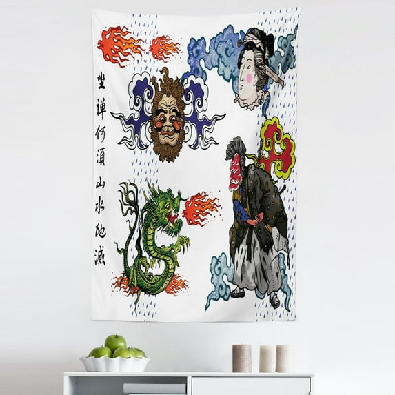 Japanese Tapestry, Japanese Manga Dragon with a Man with Kimono Geisha Tribal Characters, Fabric Wall Hanging Decor for Bedroom Living Room Dorm, 5 Sizes, Green Blue, by Ambesonne