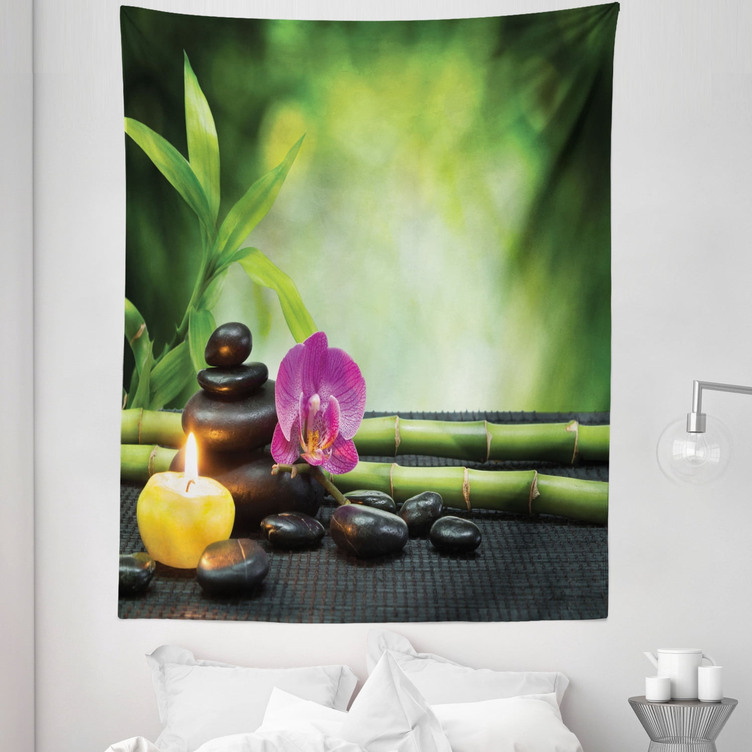 Japanese Tapestry, Orchid Bamboo Stems Stones Japanese Alternative Feng ...