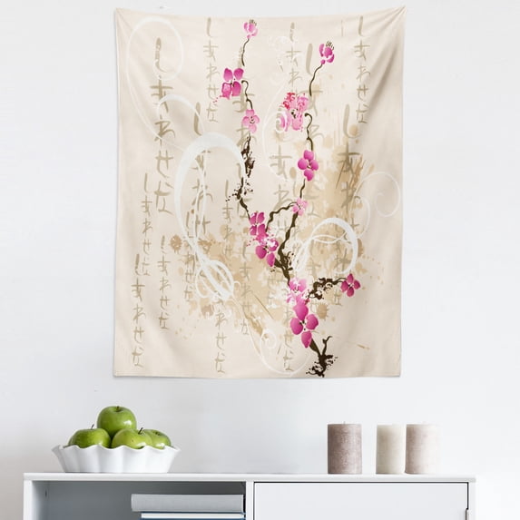 Japanese Tapestry, Painting Style Japanese Sakura Tree on Grungy Background with Inscription, Fabric Wall Hanging Decor for Bedroom Living Room Dorm, 5 Sizes, Multicolor, by Ambesonne