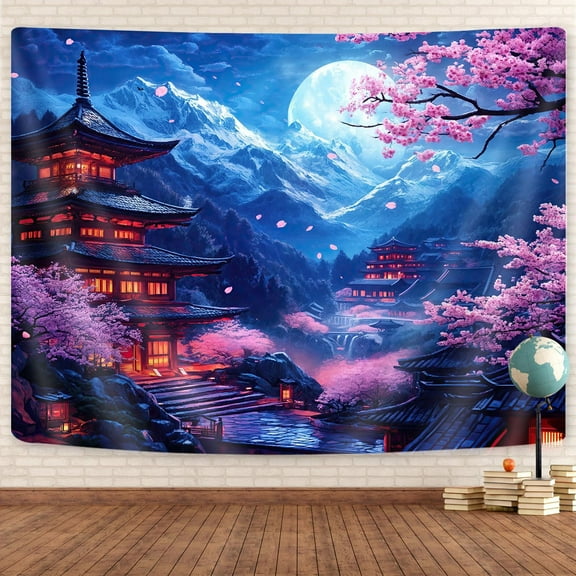 Japanese Tapestry, Purple Cherry Blossom Floral Asian Chinese Oriental Tapestry Wall Haning, Cool Japan Anime Moon Night Mountains Abstract Ink Painting Tapestries for Bedroom Living Room 40"x30"