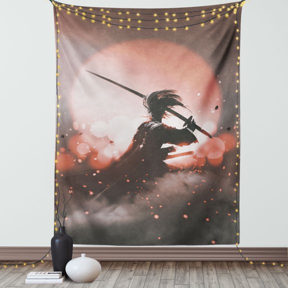 Japanese Tapestry, Reflection of Samurai Practicing Hazy Sunset Background Free From Death Concept, Wall Hanging for Bedroom Living Room Dorm Decor, 60W X 80L Inches, Salmon Umber, by Ambesonne