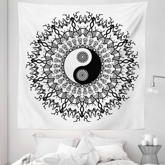 Japanese Tapestry, Vintage Yin Yang Mandala Pattern Oriental Bohemian Design, Fabric Wall Hanging Decor for Bedroom Living Room Dorm, 5 Sizes, Black White, by Ambesonne