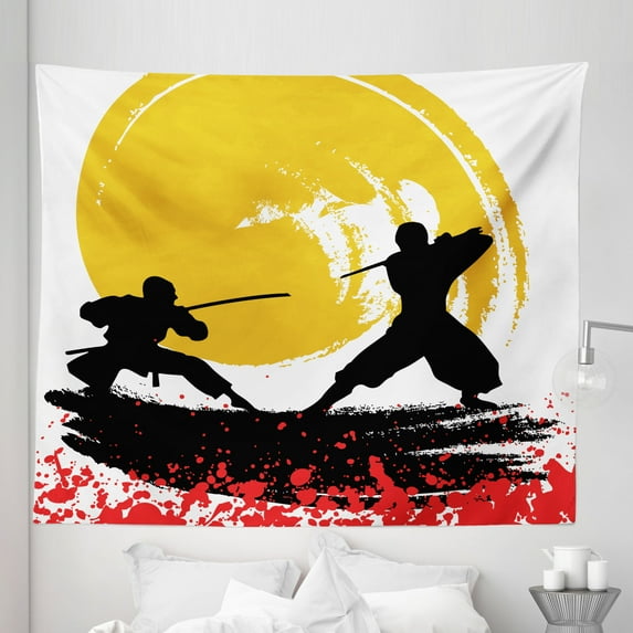 Japanese Tapestry, Watercolor Style Silhouette Ninjas in the Moonlight Medieval, Fabric Wall Hanging Decor for Bedroom Living Room Dorm, 5 Sizes, Vermilion Mustard, by Ambesonne