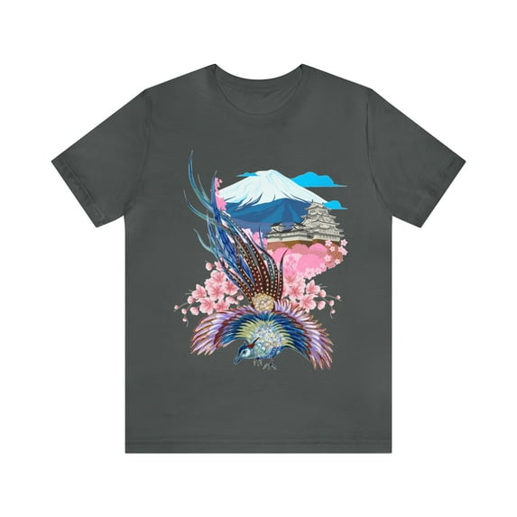 Japanese Tattoo Artistry: Mountain, Phoenix, Minka, and Floral Design on a Stylish T-Shirt