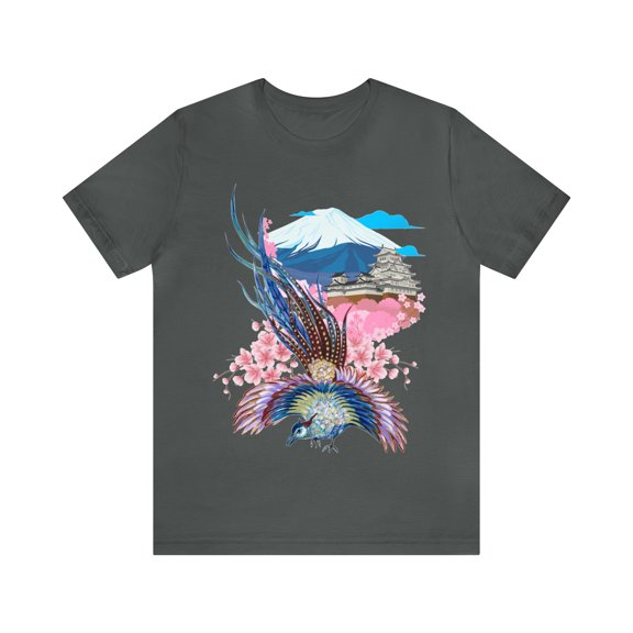 Japanese Tattoo Artistry: Mountain, Phoenix, Minka, and Floral Design on a Stylish T-Shirt