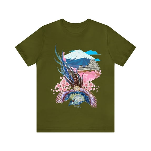 Japanese Tattoo Artistry: Mountain, Phoenix, Minka, and Floral Design on a Stylish T-Shirt