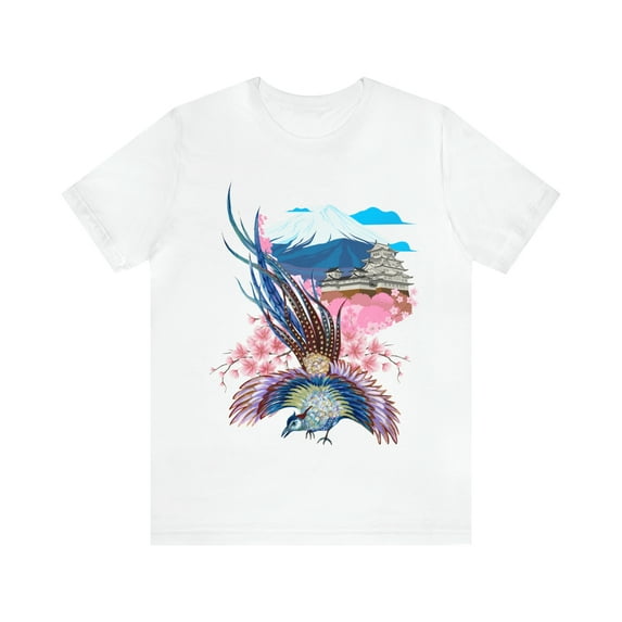Japanese Tattoo Artistry: Mountain, Phoenix, Minka, and Floral Design on a Stylish T-Shirt