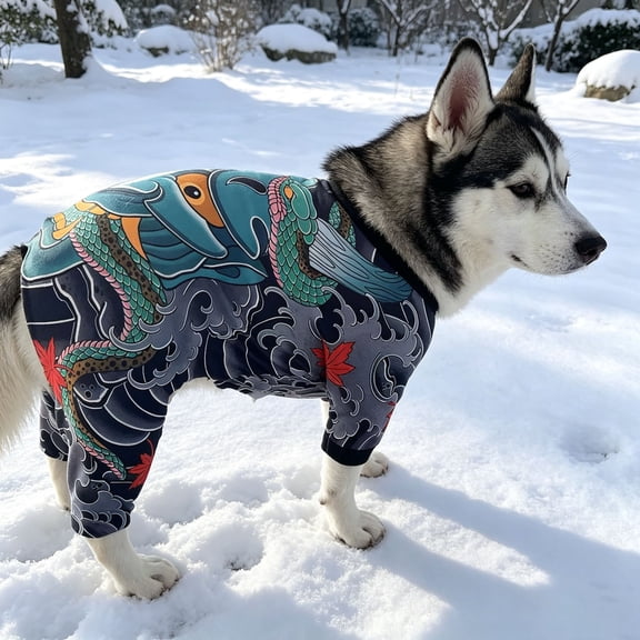 Japanese Tattoo Style Dog Pajamas, Full-Body Pet Jumpsuit with Dragon Print for Small Dogs