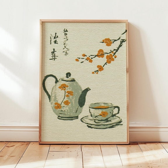 Japanese Tea Art Print Minimalist Teapot and Cup Poster Zen Kitchen Wall Art Cherry Blossom Still Life Painting