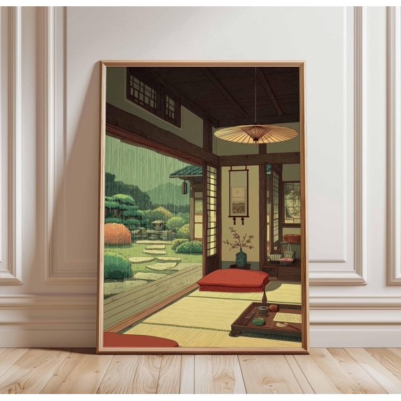Japanese Tea Room Poster, Traditional Zen Interior Print, Rainy Garden View Wall Art, Tatami Room Decor, Asian Tranquility Scene, Poster Only