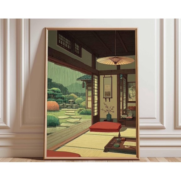 Japanese Tea Room Rainy Garden View Tatami Room Wall Art Print, Unframed Paper Poster 8x10in