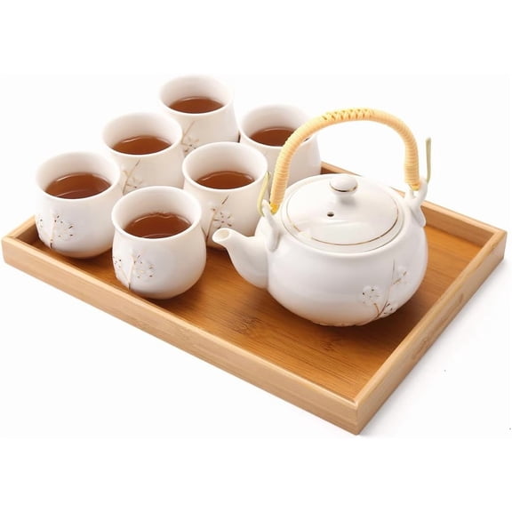 Japanese Tea Set, Black Porcelain Tea Set with 1 Teapot Set, 6 Tea Cups, 1 Tea Tray, 1 Stainless Infuser, Beautiful Asian Tea Sets for Adults, Tea Lover/Women/Men (Countryside in Golden)