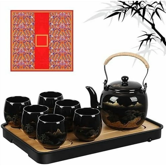 Japanese Tea Set in Gift Box Asian Porcelain Tea Set with 1 Teapot, 6 Cups, 1 Tray, 1 Stainless Infuser, Black Ceramic Chinese Teapot Valentine Gift for Adult Lover$$Home Decor, Kitchen, & Other