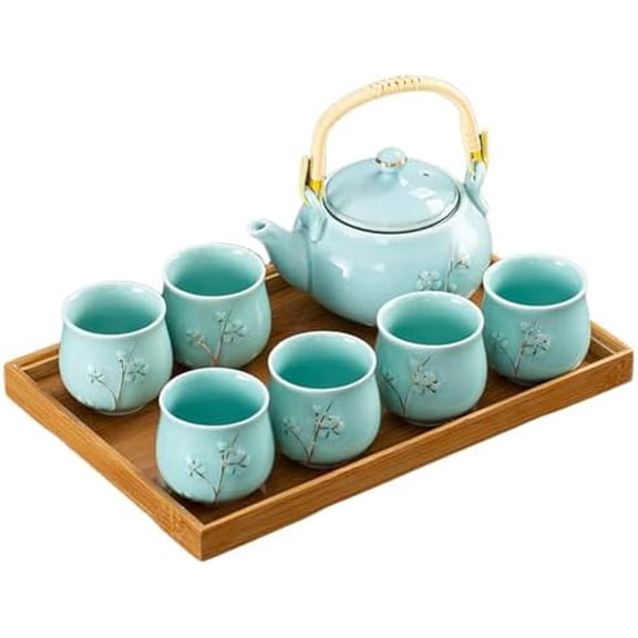 Japanese Tea Set, Kiln-Formed Ceramic TeaSet, Plum Blossom Embossed, Includes 1 Teapot, 6 Teacups,Tea Tray,Strainer, Used for home, outdoor, gift, Chinese Kung Fu Tea Sets(FDMH-CYAN-MU)