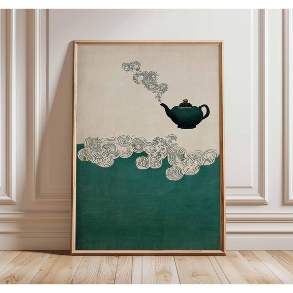 Japanese Teapot Teal Asian Boho Home Wall Art Print, Eye Catching Kitchen And Dining Theme For Kitchen, Cafe And Dining Room Decor