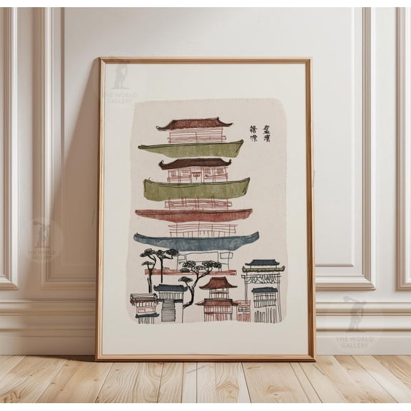 Japanese Temple Art Minimalist Line Drawing Muted Tones Wall Art Print