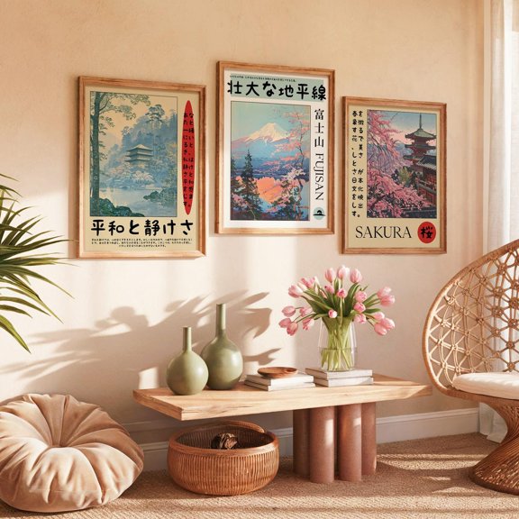 Japanese Temple Art Mount Fuji Cherry Blossoms Set 3 Unframed Paper Print 8x12