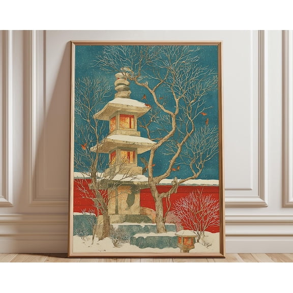 Japanese Temple Garden In Snow Stone Lantern Wall Art Print, Unframed Paper Poster 24x36in