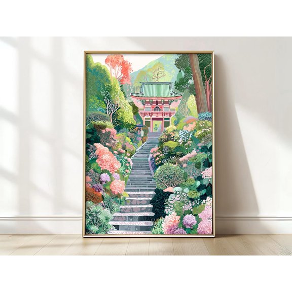 Japanese Temple Garden Print Hydrangea Path Wall Art Zen Botanical Decor, Unframed Paper Print