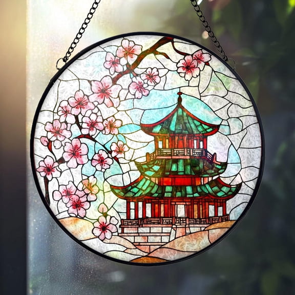Japanese Temple Glass Suncatcher, Pagoda with Cherry Blossoms Oriental Window Hanging Art, 3.5 in