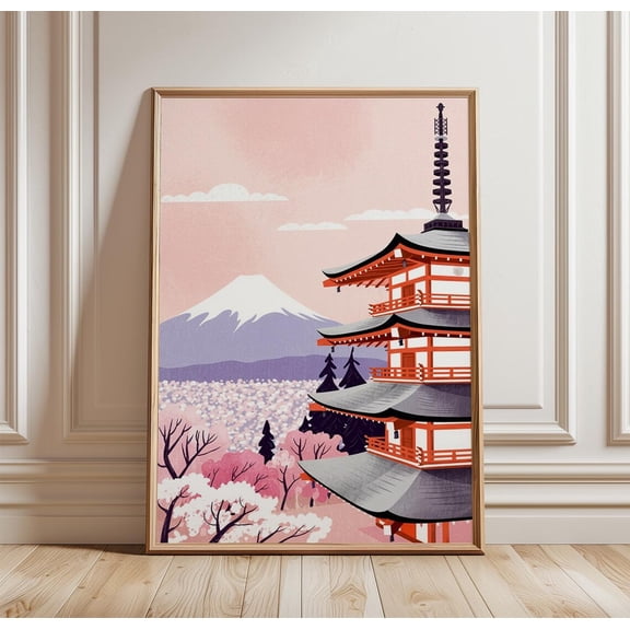 Japanese Temple Mount Fuji Sakura Travel Minimalist Japan Decor Unframed Paper Print
