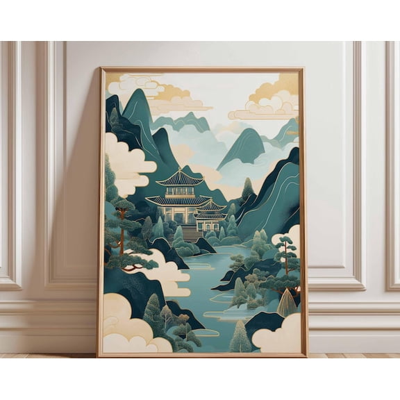 Japanese Temple Teal Gold Mountain Lake Wall Art Print, Unframed Paper Poster 24x36in