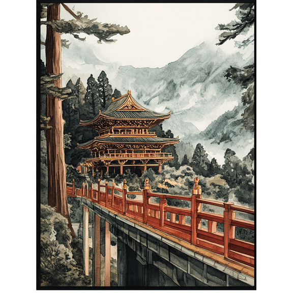 Japanese Temple Watercolor Painting/Canvas Print Suitable for Living Room Bedroom Office Hallway and Study Decoration.