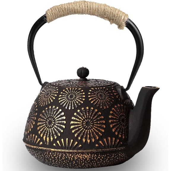 Japanese Tetsubin Cast Iron Teapot, 40oz (1200ml) Enamel-Coated Stovetop Kettle with Stainless Steel Infuser & Heat-Resistant Handle, Traditional Iron Pot for Tea Ceremony (Black Gold)