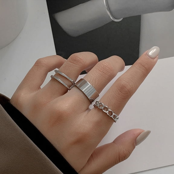 Womens Alloy Ring Set of 3 Silver Metallic Cool Rings Japanese Korean Adjustable Opening Index Finger Rings Fashion