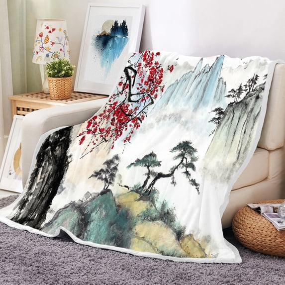 Japanese Throw Blanket, Asian Anime Japanese Cherry Blossom Nature Landscape Soft Warm Flannel Throw Blanket, Couch Blanket, Travel Blanket, Camping Blanket, and Bed Blanket. (MUlti1, 60X50)