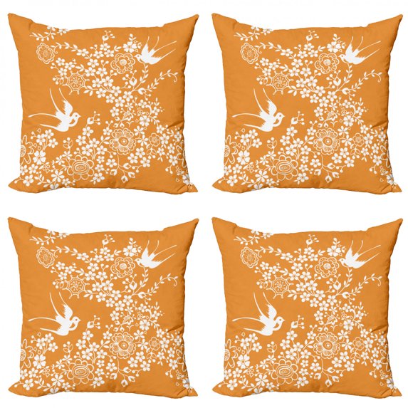 Ambesonne Orange Throw Pillow Cover 4 Pack, Japanese Tree Birds Art, 18", Marigold White