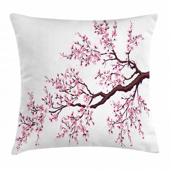 Japanese Throw Pillow Cushion Cover, Branch of a Flourishing Sakura Tree Flowers Cherry Blossoms Spring Theme Art, Decorative Square Accent Pillow Case, 18 X 18 Inches, Pink Dark Brown, by Ambesonne