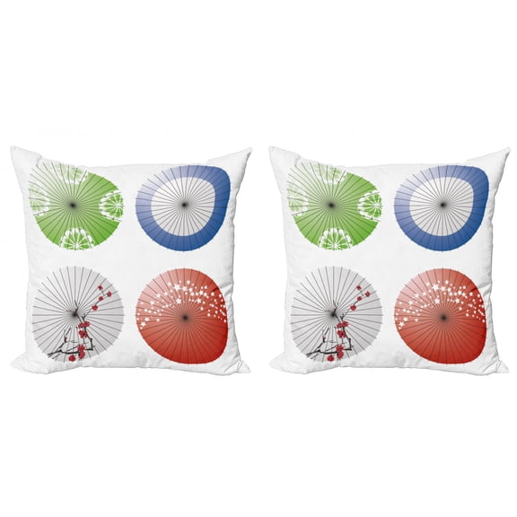 Ambesonne Japanese Throw Pillow Cover 2 Pack, Flowers over Umbrellas, 16", Multicolor