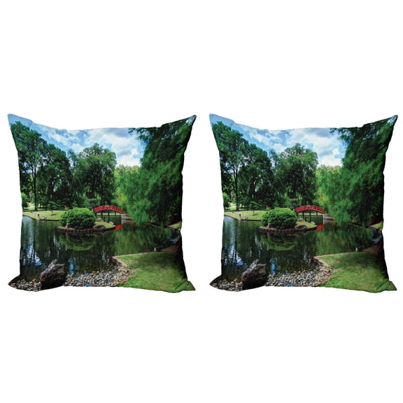 Ambesonne Nature Throw Pillow Cover 2 Pack, Japanese Garden Lake, 16", Green Blue