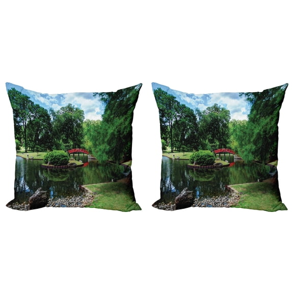 Ambesonne Nature Throw Pillow Cover 2 Pack, Japanese Garden Lake, 18", Green Blue