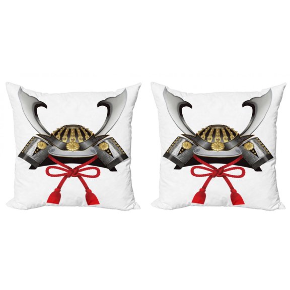 Ambesonne Japanese Throw Pillow Cover 2 Pack, Samurai Kabuto, 16", Grey Vermilion Yellow