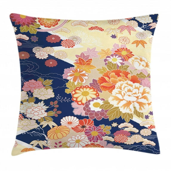 Japanese Throw Pillow Cushion Cover, Traditional Kimono Motifs Composition Asian Ethnic Floral Patterns Vintage Artwork, Decorative Square Accent Pillow Case, 18 X 18 Inches, Multicolor, by Ambesonne
