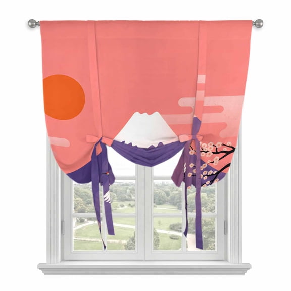 Japanese Tie Up Curtains for Window, Thermal Insulated Balloon Shade Adjustable Rod Pocket Curtains Valance Panels for Kitchen Bathroom Cafe 34 x 45 Nature Mountain Sun Blossoms Cherry Scenery