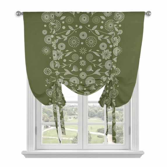 Japanese Tie Up Curtains for Windows, Adjustable Balloon Window Shades, Green Rustic Retro Pastoral Floral Leaves Kitchen Window Treatments Farmhouse Short Curtains with Rod Pocket 42"x45"