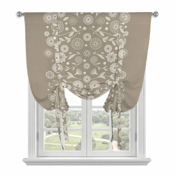 Japanese Tie Up Curtains for Windows, Adjustable Balloon Window Shades, Grey Simple Traditional Flowers Leaves Pattern Kitchen Window Treatments Farmhouse Short Curtains with Rod Pocket 42"x45"