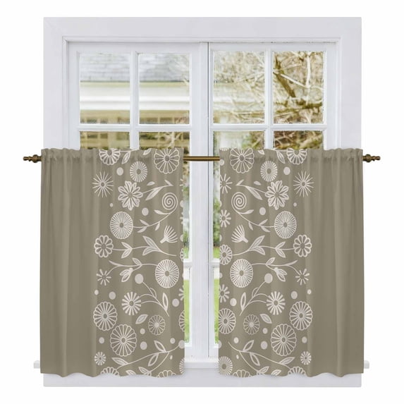 Japanese Tier Curtains 54 Inch Length, Grey Simple Traditional Flowers Leaves Pattern Cafe Short Curtains for Bathroom Over Sink, Small Kitchen Curtain Light Filtering Drapes 2 Panels 27.5"Wx54"L