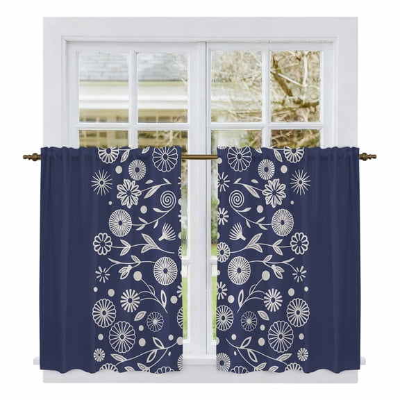 Japanese Tier Curtains 54 Inch Length, Navy Blue Country Flowers Leaves Aesthetic Cafe Short Curtains for Bathroom Over Sink, Small Kitchen Curtain Light Filtering Tiered Drapes 2 Panels 27.5"Wx54"L