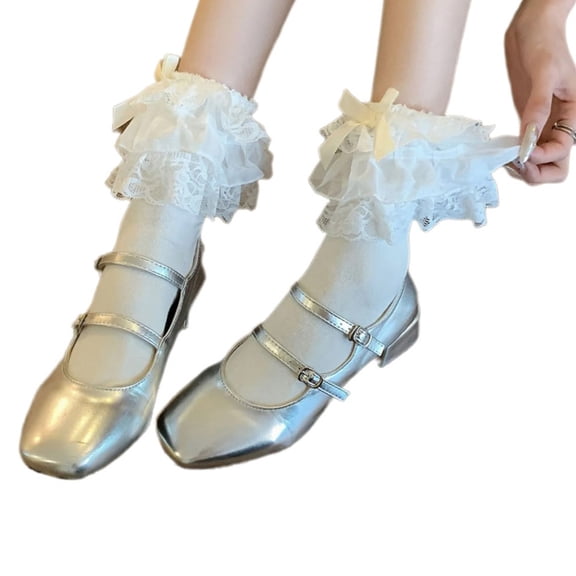 Japanese Tiered Ruffle Trim Frilly Middle Tube Ankle Dress Socks for Women Girl Sweet Bowknot Wing Lace Calf Socks