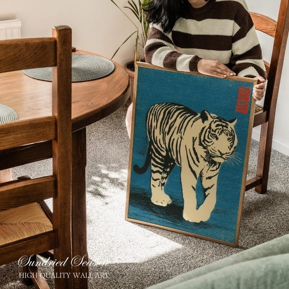 Japanese Tiger Art Print, Vintage Woodblock Style Wild Cat Poster, Bold Animal Wall Decor For Mid Century Office, Bedroom Or Tattoo Studio, Unframed Poster Size 16x24