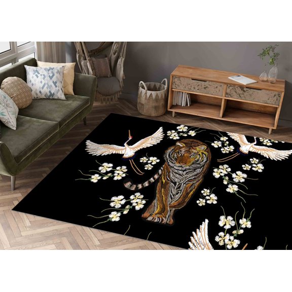 Japanese Tiger and Cranes Rugs, Trendy Rug, Floral Rug, Animal Rug, 3D Printeds Rug, Personalized Gifts, Salon Decor Rug, Pattern Rug, 2.6'x5' - 80x150 cm